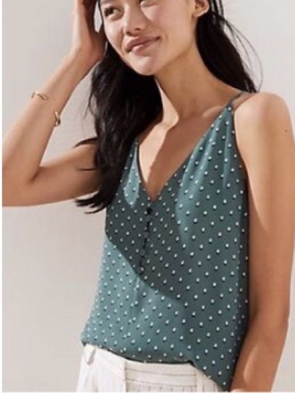 LOFT Sage Green Floral Button Front Spaghetti Strap Cami Size Large
